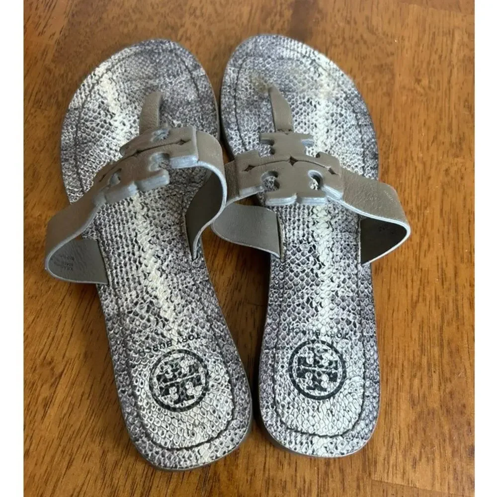 Tory Burch Miller Embossed Leather Snake Print Thong Sandal Logo Size 6 Designer
